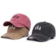 1pc Vintage Forest Pine Tree Silhouette Embroidery Washed Style Dad Hat, Classic Low-Crown Adjustable Baseball Cap, Suitable For Outdoor Exploration, - A - View 1