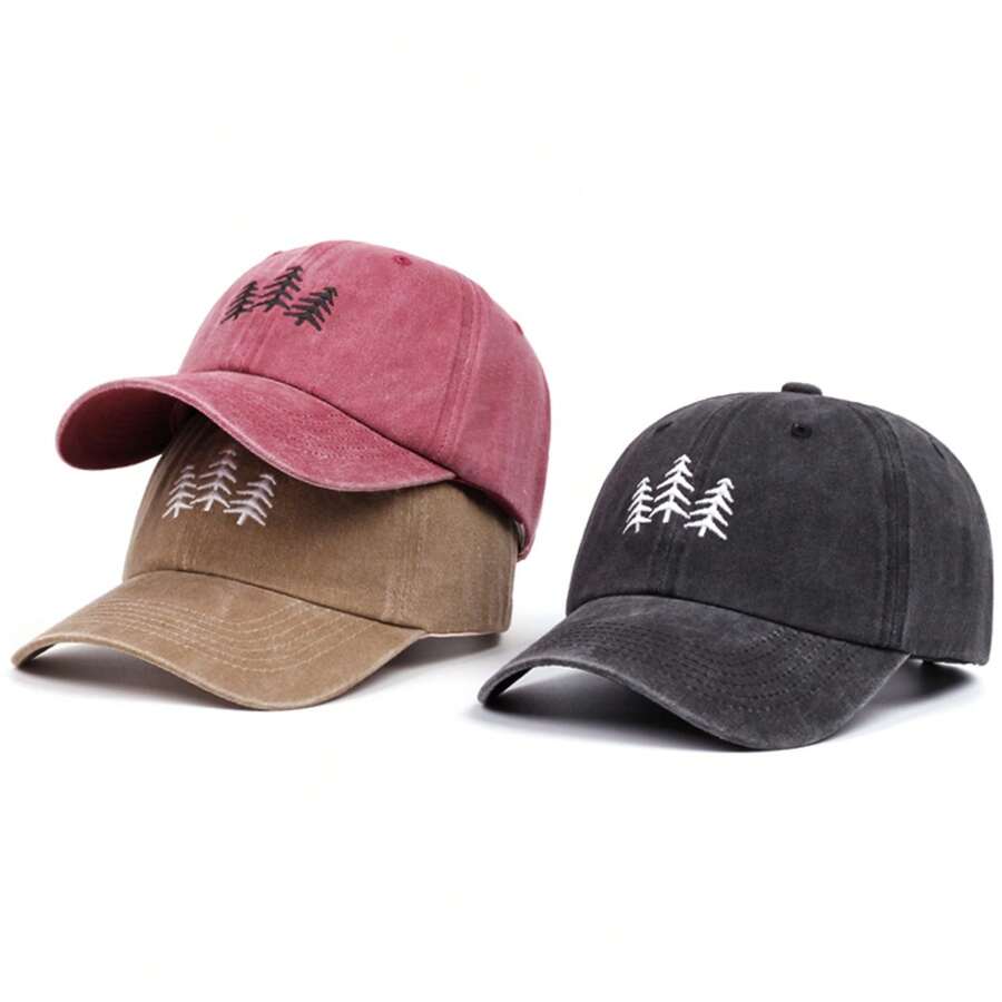 1pc Vintage Forest Pine Tree Silhouette Embroidery Washed Style Dad Hat, Classic Low-Crown Adjustable Baseball Cap, Suitable For Outdoor Exploration, - A - View 1