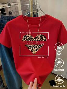 Camiseta roja mujer, estampado corazón de leopardo con texto en caja blanca, tela suave transpirable, camiseta casual vintage - Rojo - Ver 1