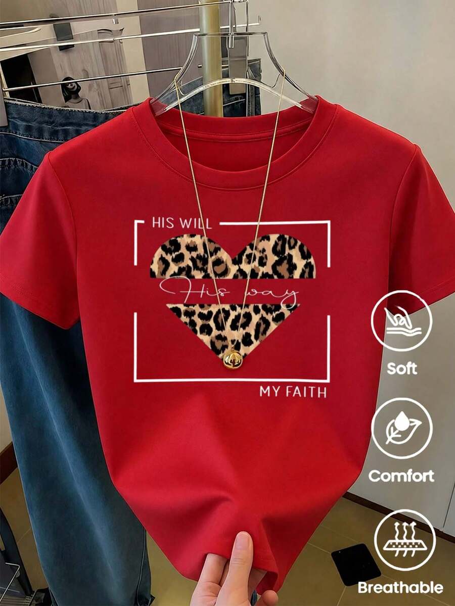 Camiseta roja mujer, estampado corazón de leopardo con texto en caja blanca, tela suave transpirable, camiseta casual vintage - Rojo - Ver 1
