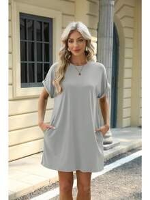 Camiseta Holgada de Manga Corta para Mujer, Vestidos con Bolsillos y Cuello Redondo - Negro - Ver 2