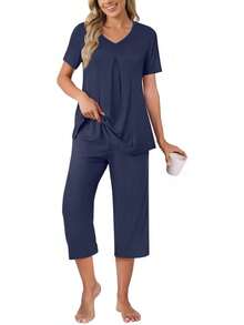 Anyally - Conjunto de pijama de verano para mujer, camisa de manga corta y pantalones capri de 2 piezas, pijama plisado con bolsillos - Plisado color caqui naranja - Ver 1