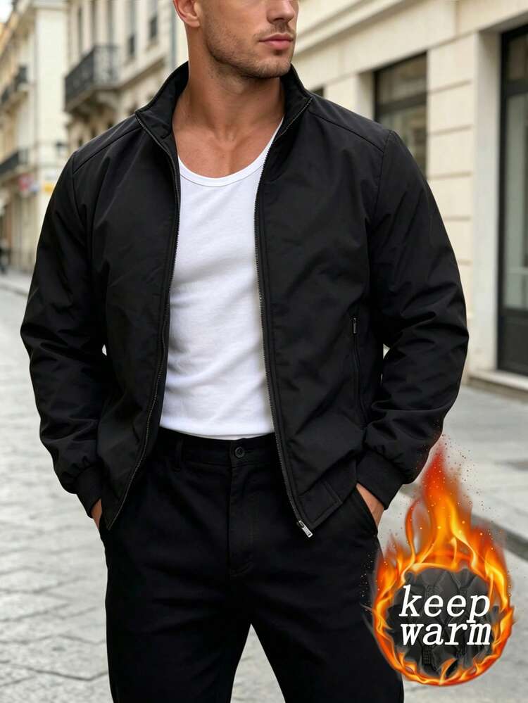 1pc Men's Autumn/Winter Casual Stand Collar Padded Jacket, Fashionable Versatile Comfortable Top, Light Business Jacket, Daily Outdoor Warmth, Office Commute - Black - View 3