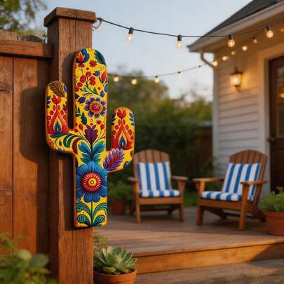 Putuo Decor 2D Flat 2pcs Mexican Style Cactus Shaped Wooden Signs, Mexican Pattern Plate Wall Art Decor For Home Living Room Bedroom, Birthday, Wedding, Anniversary, Christmas, Thanksgiving Travel Gifts And Decorations, 2D Flat