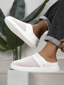 Men's Solid Color Mesh Casual Half-Slip Sandals, Microfiber Patchwork Hollow Upper, Adjustable Back Strap, 2-In-1 Wear, Minimalist Basic Style, Suitable For Daily Commute, Travel, Driving And Multiple Occasions - White - View 5