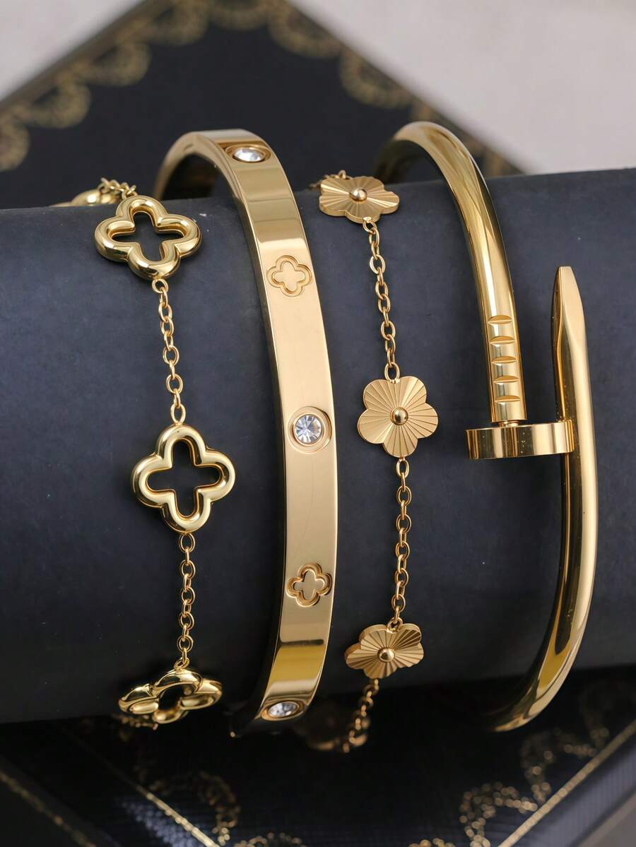 4pcs/Set/3pcs/1pc Gelang Mata Jahat Warna Emas | Set Gelang Mata Biru Enamel & Desain Kabel Terpilin untuk Perhiasan Fashion Kasual/Pesta Sehari-hari - Yellow Gold - View 1
