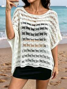 Plus Size Solid Color Casual Hollow Out Breathable Knit Top White Summer - White - View 1