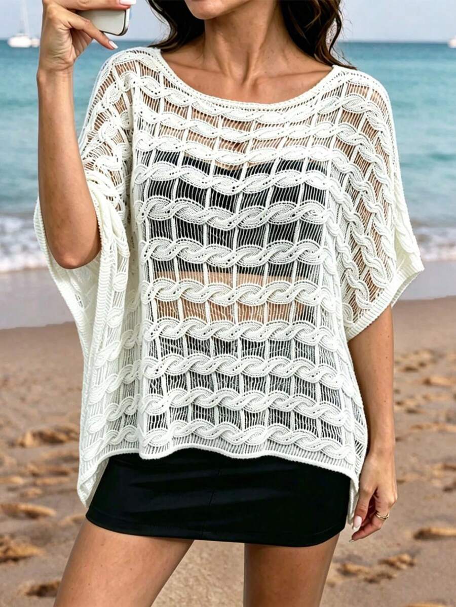 Plus Size Solid Color Casual Hollow Out Breathable Knit Top White Summer - White - View 1