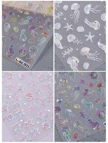 5D 幻彩水母美甲貼紙 3 張裝 海洋主題雷射凸起水母、海星、貝殼、氣泡 自黏式美甲貼紙 DIY 美甲裝飾 夏季用品 - 彩色 - 查看 5