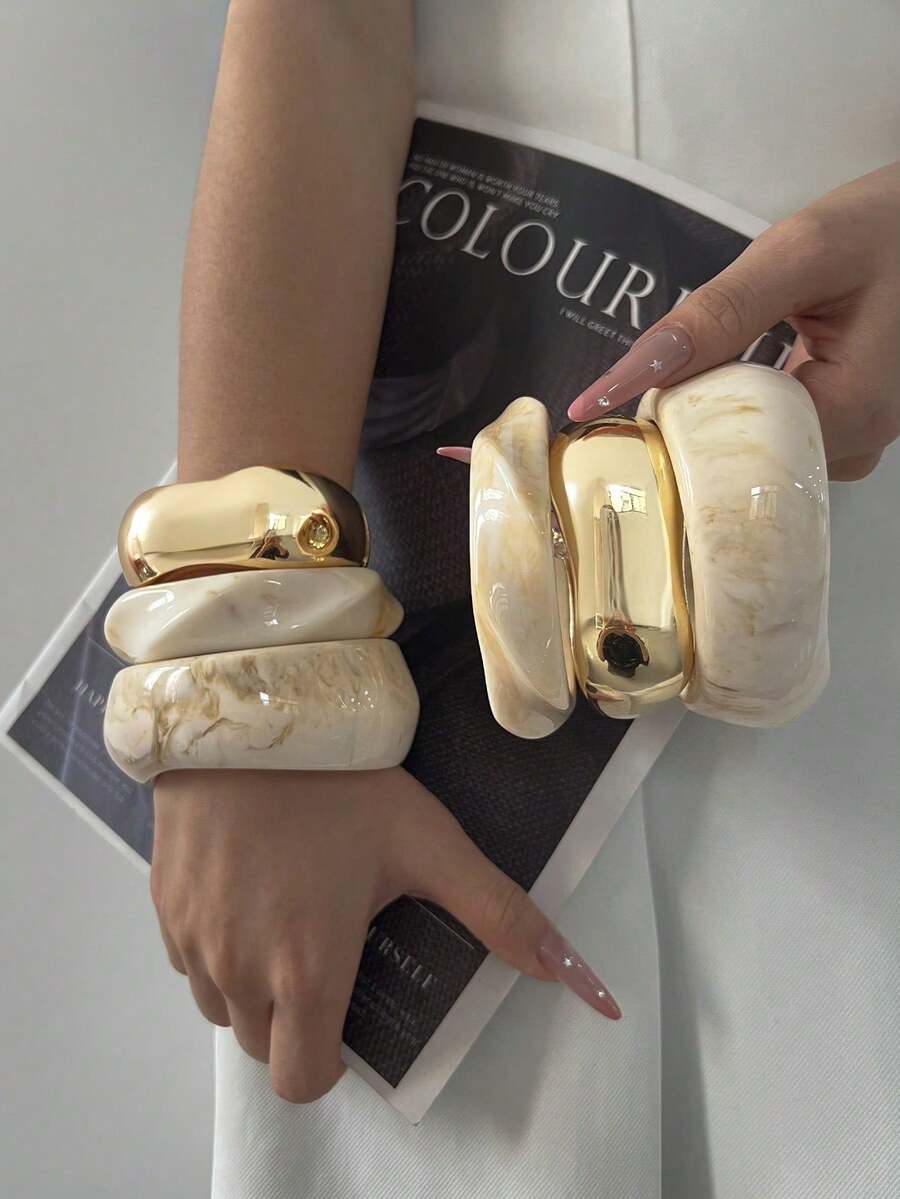 3 Piecesunique Open Bangle, Gold Bangle, Resin Bangle, Wide Bangle, Large Chunky Bangle, Bangle Set, Luxurious Elegant Style, Suitable For Women - Multicolor - View 1