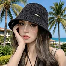 女款幸運Logo可折疊草編遮陽帽，純色防紫外線旅行沙灘帽，時尚百搭夏季戶外遮陽帽，適合海灘度假 - 帽子 - 查看 4