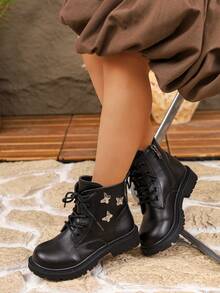Girls' Black Lace-Up Combat Boots With Metal Butterfly Decor, Side Zipper, Non-Slip Thick Sole, Fashion Ankle Boots For Autumn Outdoor And Daily Wear - Black - View 2