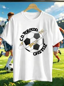 Camiseta gráfica de fútbol para hombre, corte casual, oto?o, cuello redondo, corte holgado, estilo hip-hop urbano, corte cómodo, estampado artístico. - Blanco - Ver 2