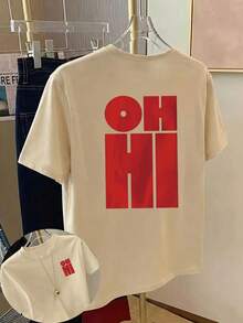 大尺碼女款日常復古紅色 OH HI 字母印花圓領短袖休閒 T-shirt 上衣 夏季 - 杏色 - 查看 7