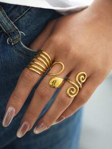 Fashion Metal Hollow Geometric Open Rings For Women Stainless Steel Gold Color Lines Spiral Adjustable Finger Ring Jewelry 2026 - Gold - View 3