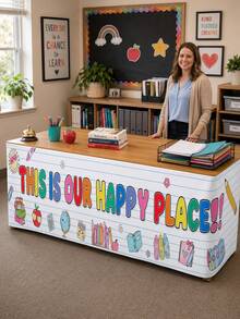 1 pieza - Falda de mesa de aula Happy Place, decoración de mesa colorida de vuelta a la escuela, cubierta elástica de poliéster de spandex para escritorio de profesor, centro de biblioteca y fiesta de bienvenida - Multicolor - Ver 7