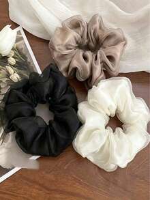 3pcs Solid Color Double Layer Organza Hair Scrunchies, Elastic Ponytail Hair Bands, Suitable For Face Washing And Hairstyling - Multicolor - View 10