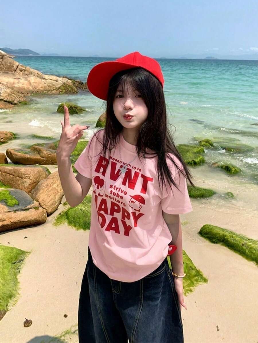 Kaos Anak Perempuan Gaya Y2K Generasi Z Terbaru Musim Panas, Warna Merah, Motif Bahasa Inggris, Kerah Bulat, Warna Pink Kasual