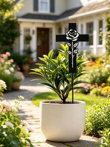 Rose Cross Metal Garden Stake, Black Hollow Rose Iron Plant Marker, Elegant Inspirational Yard Decor, Gentle Memory Remembrance Ornament For Patio Flower Pot, Thoughtful Sympathy Condolence Gift - Rose Cross Flower Vase - View 3