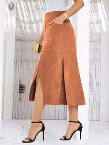 Women's Casual Elegant Suede Midi Skirt With Pockets, Front Slit And Back Zipper P M G GG Casual - 駝色 - 查看 3