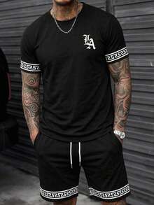 Men's Black Geometric Jacquard Wide Leg Pants, Drawstring Waist Casual Street Style Long Pants Sports - Black - View 1