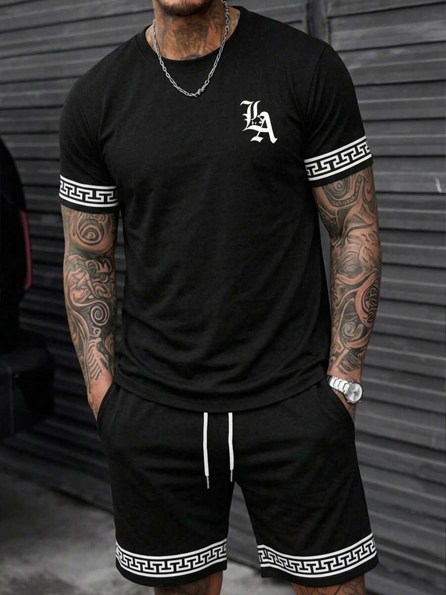 Men's Black Geometric Jacquard Wide Leg Pants, Drawstring Waist Casual Street Style Long Pants Sports - Black - View 1