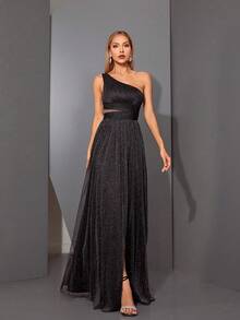 Vestido de dama de honor de malla con corte asimétrico de un solo hombro, busto fruncido, cintura hueca y abertura en la falda, para boda de primavera - Verde militar - Ver 14