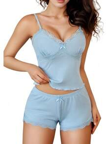 - Conjunto de pijama de punto acanalado suave para mujer, sexy, cuello en V, encaje con ribete de encaje, pantalones cortos con abertura lateral, ropa de dormir - Verde - Ver 9