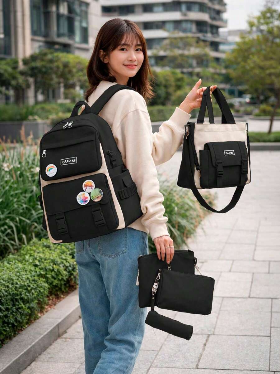 Shendy Vendy Backpack With Large Capacity, 5-Piece Set Fashion Cool Youth Backpack Pencil Case Laptop School Student - MOD101 Hitam - View 1