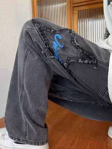 Men's Comfortable Fabric Embroidered Wide-Leg Jeans, Fashionable And Versatile - Dark Grey - View 4