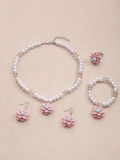 Bộ trang sức 5 món thời trang ngọt ngào đính ngọc trai giả với mặt dây chuyền hoa, vòng tay, nhẫn và bông tai, phù hợp cho nữ đeo hàng ngày, đi chơi và dự tiệc