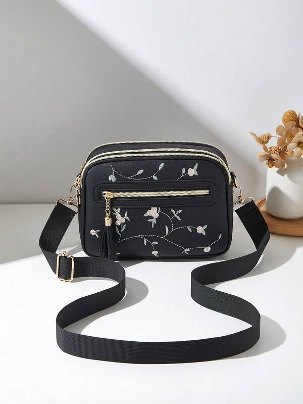 Modna haftowana torba crossbody z 4 kieszeniami na suwak, nowa wielowarstwowa torba na ramię dla kobiet
