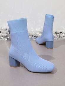 Women's Square Toe Chunky Heel Mid-Calf Boots, Autumn/Winter High Heel Boots, Elegant Versatile Style - Baby Blue - View 6