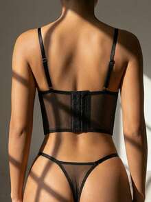 Women's Lingerie Set Embroidered Mesh Semi-Sheer Push-Up Bra And Thong, Girly Style, Party Wear, Valentine's Day Gift, Daily Outfit - Black - View 3