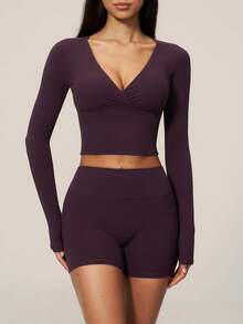 TimeOff Women's One Set Solid Color Criss-Cross Deep V-Neck Cropped Waist Long Sleeve Slim Fit Shorts Sports Set - Purple - View 9