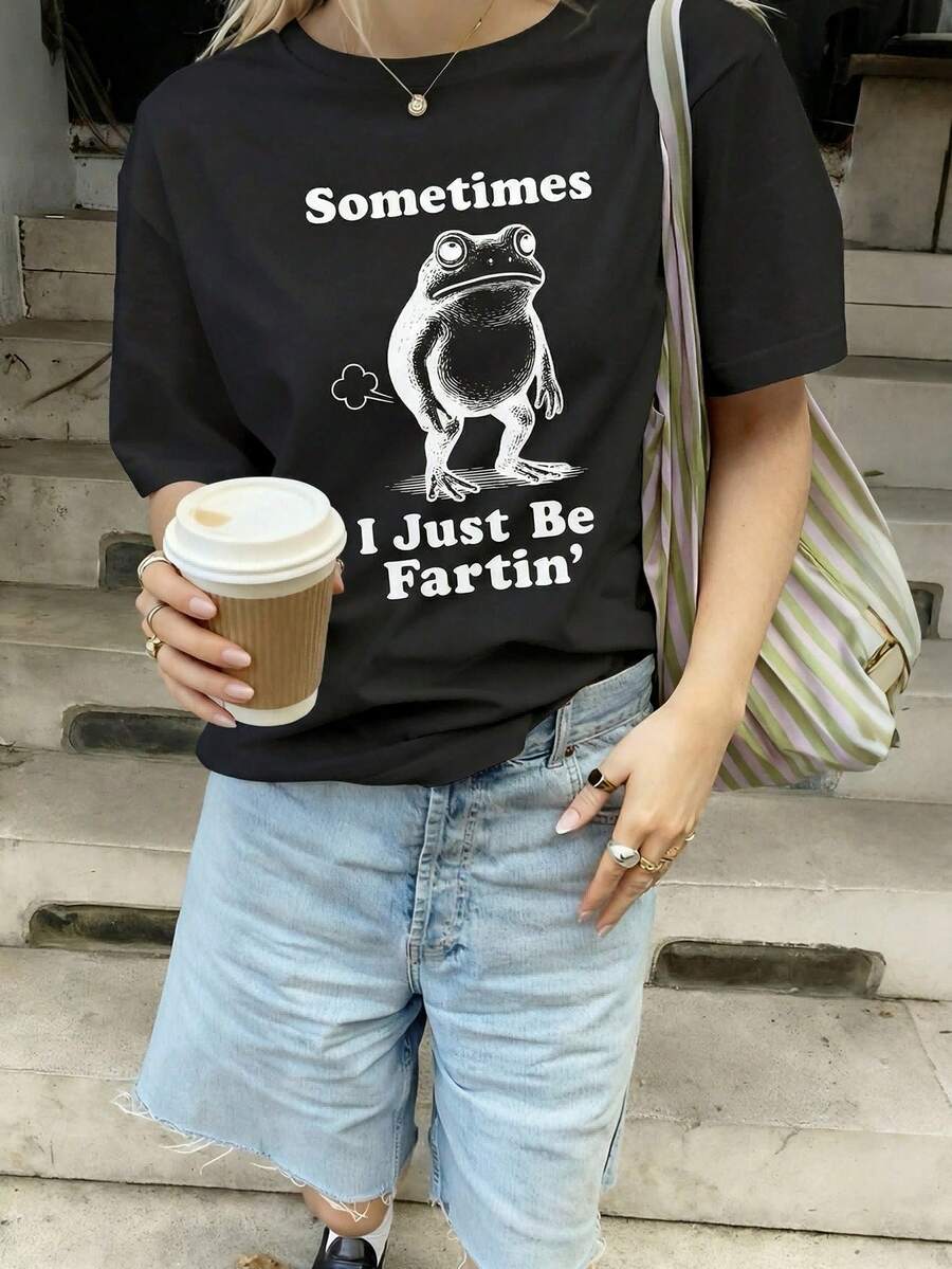 Vintage2026 Casual Short-Sleeved T-Shirt With Fun Frog Pattern, Regular Fit, Comfortable, Humorous Animal Print, Summer Top. - 黑色 - 查看 1