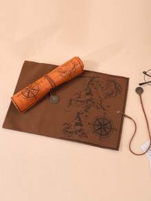 Vintage World Map Scroll Pencil Case, Vintage Compass Print PU Leather Pencil Pouch, Large Capacity Portable Stationery Storage Bag, Suitable For Students, School, Back To School, Office Desk Decor, Travel Gift - W - View 6