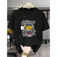 Algodón pesado, hombre, pato de moda con gafas y zapatillas, camiseta - uso diario y ocio - diseño gráfico colorido con letras estilizadas - Negro - Ver 1