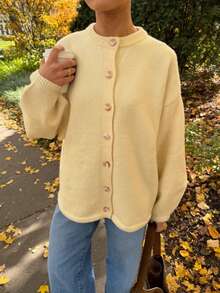 Vivid Style Cream Yellow Knitted Cardigan Women's Round Neck Button-Up Loose Oversized Dropped Shoulder Lantern Long Sleeve Comfortable Knit Sweater Jacket - Yellow - View 2