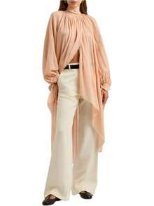Camisa Fluida Larga Fruncida Casual para Mujer Puños con Cordones Cuello Mao Dobladillo Irregular Blusa - Rosa - Ver 1
