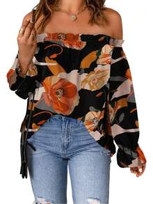 Spriolim - Blusa de gasa de manga larga con volantes y hombros descubiertos para mujer - Rojo vino - Ver 9