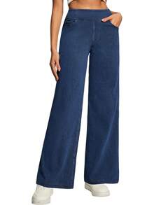 Heathyoga - Jeans de pierna ancha para mujer, cintura alta, pantalones holgados para mujer, pantalones de mezclilla elásticos de pierna recta, pantalones de mezclilla - Denim azul marino - Ver 1