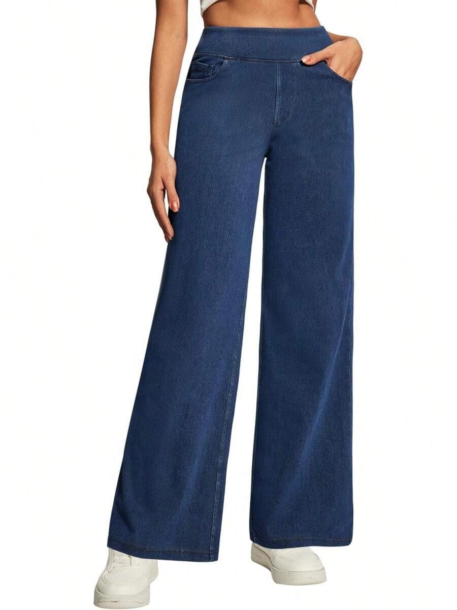 Heathyoga - Jeans de pierna ancha para mujer, cintura alta, pantalones holgados para mujer, pantalones de mezclilla elásticos de pierna recta, pantalones de mezclilla - Denim azul marino - Ver 1