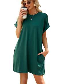 Camiseta Holgada de Manga Corta para Mujer, Vestidos con Bolsillos y Cuello Redondo - Negro - Ver 6