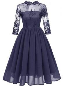 YLDCN Falda Cruzada Vestido Floral De Gasa De Encaje De Malla Bordada para Mujer - Gris - Ver 8