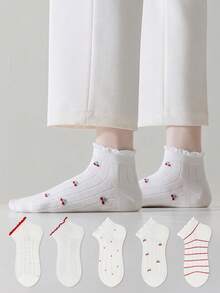 ZUJO 5 pares de calcetines cortos para mujer en blanco y rojo, con patrón de cereza, corazón y rayas, adecuados para todo el año, simples y cómodos, color aleatorio - Multicolor - Ver 1