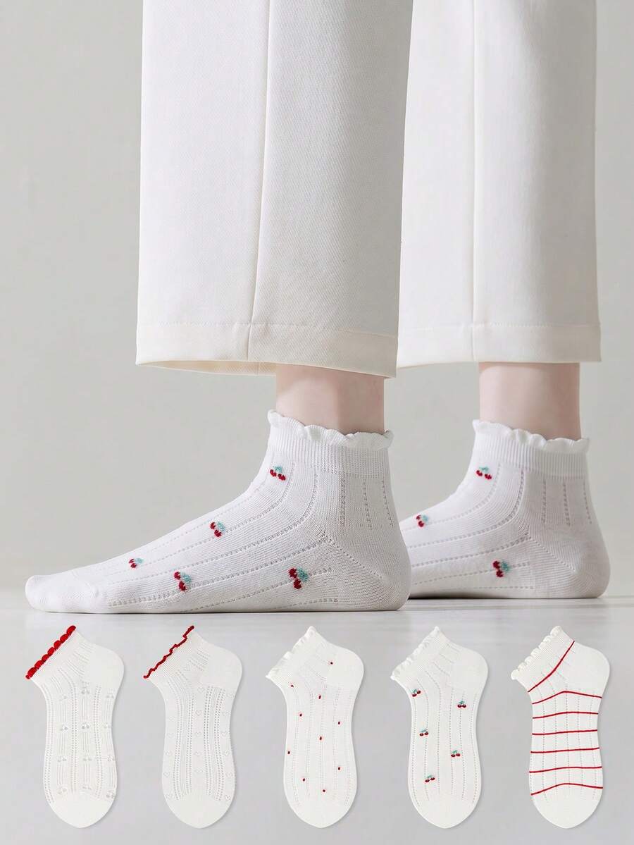 ZUJO 5 pares de calcetines cortos para mujer en blanco y rojo, con patrón de cereza, corazón y rayas, adecuados para todo el año, simples y cómodos, color aleatorio - Multicolor - Ver 1