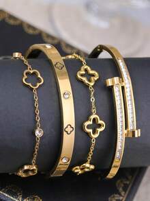 4pcs/Set/3pcs/1pc Evil Eye Gold-Tone Bracelets Stack | Enamel Blue Eye & Twisted Cable Design Bangle Set For Daily Casual/Party Fashion Jewelry - Yellow Gold - View 6