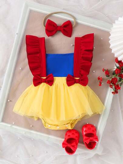 1 pieza Vestido de princesa de tul con manga corta y lazo, multicolor, para niñas bebé, para vacaciones de verano