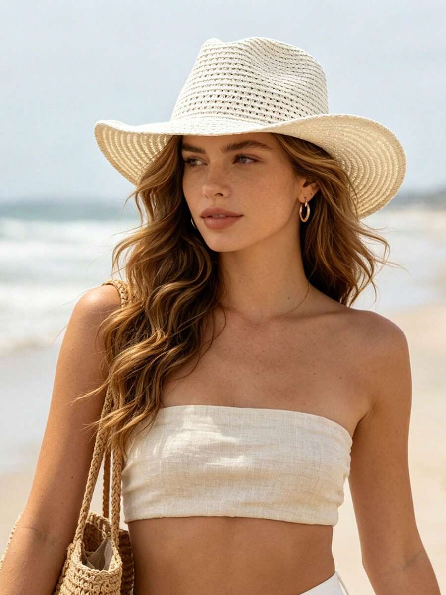 1 pieza Sombrero de paja para mujer, estilo bohemio de fibra de poliéster de moda para exteriores, nuevo estilo, ala ancha, protección solar personalizada, transpirable, unicolor, adecuado para viajes diarios al aire libre - Multicolor - Ver 1